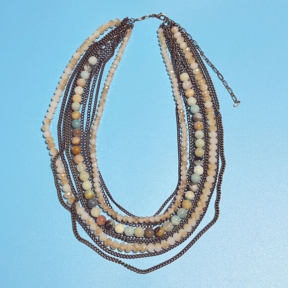 Multi-Strand Statement Necklace Gemstone Glass Beads Layered Chunky Antiqued - Picture 2 of 12